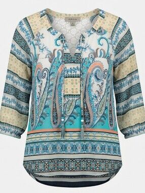 Figueroa And Flower Paisley Boho Blue And White Flowy Lace Tunic Top Size M